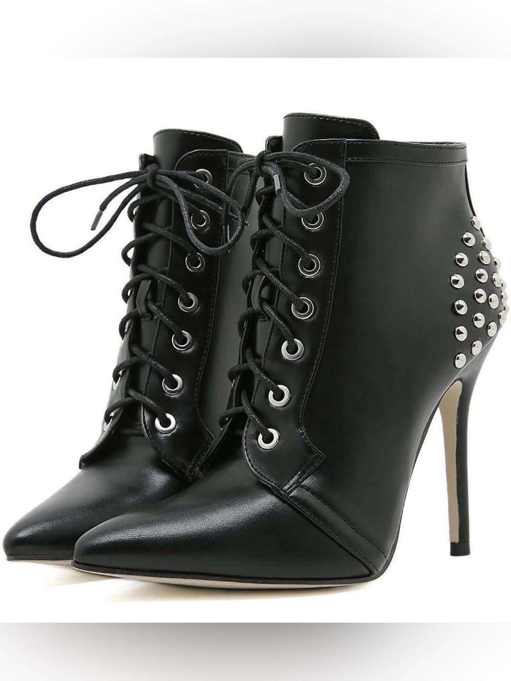 Black Lace-Up Studded Stiletto Ankle Boots